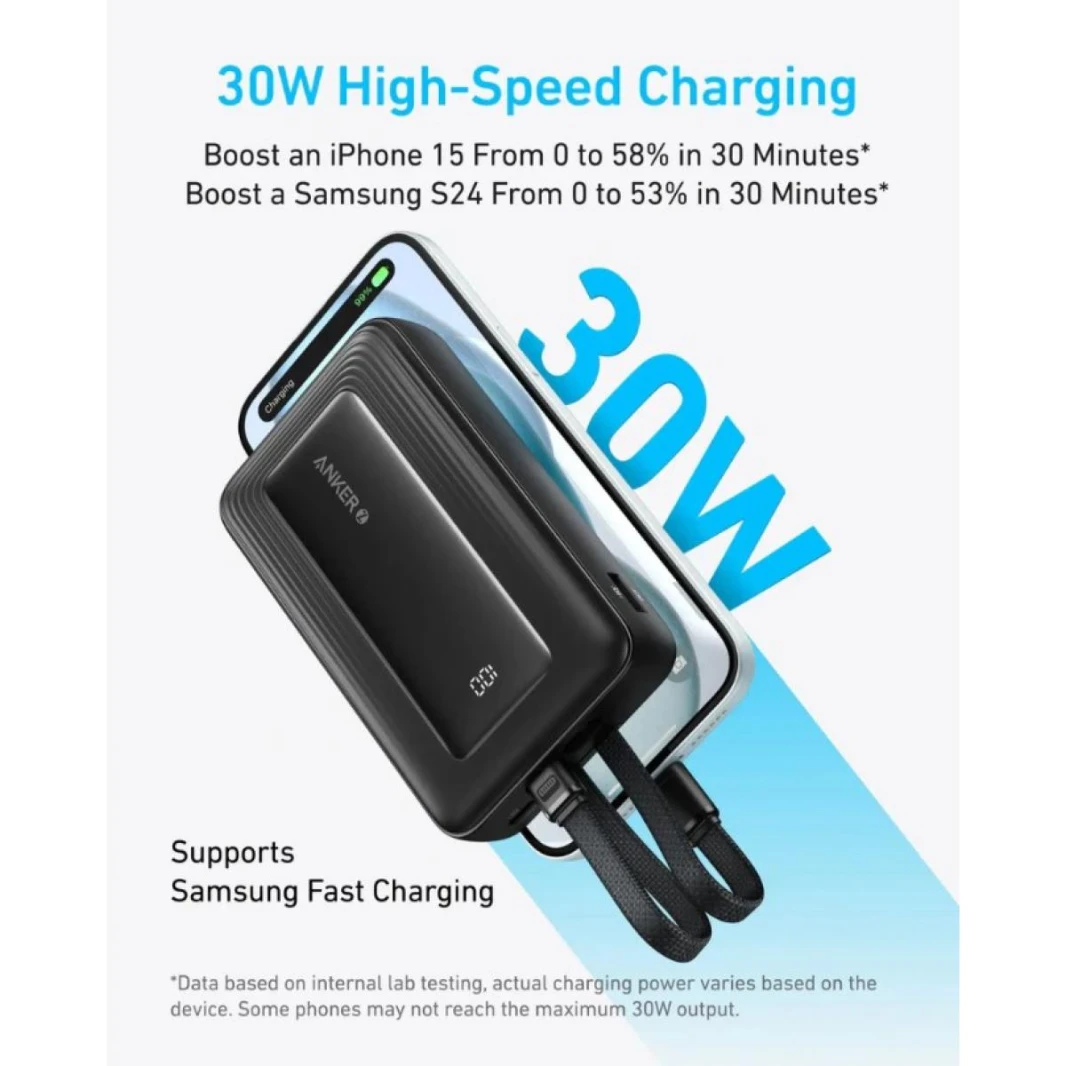 Anker Zolo Power Bank 20000mAh 30W Portable Charger with Built-in USB C Cable A1689 (Blue) - 18 Month Warranty