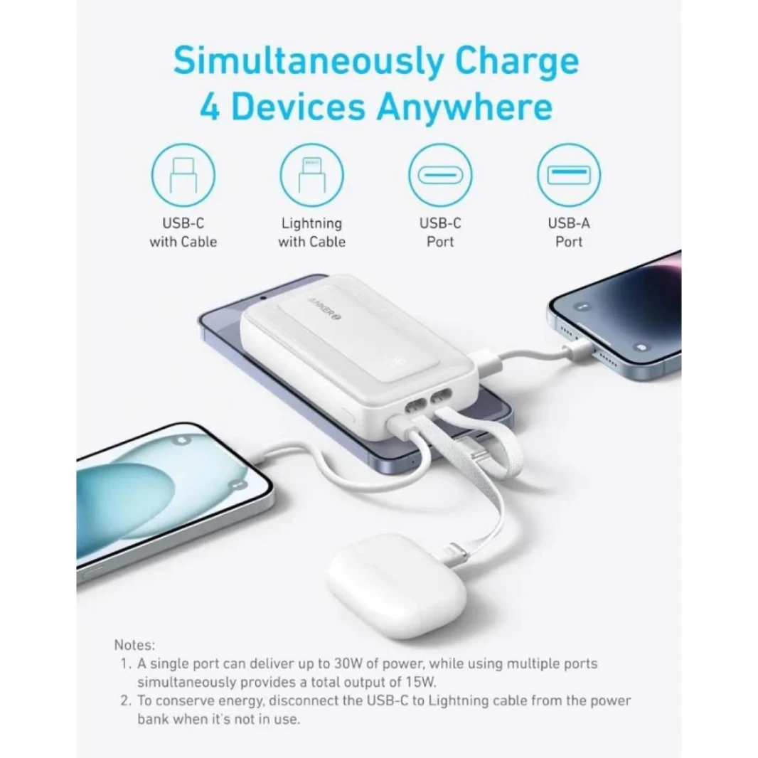 Anker Zolo Power Bank 10000mAh 30W with Built-in USB-C and Lightning Cables A1680 (Blue) - 18 Month Warranty