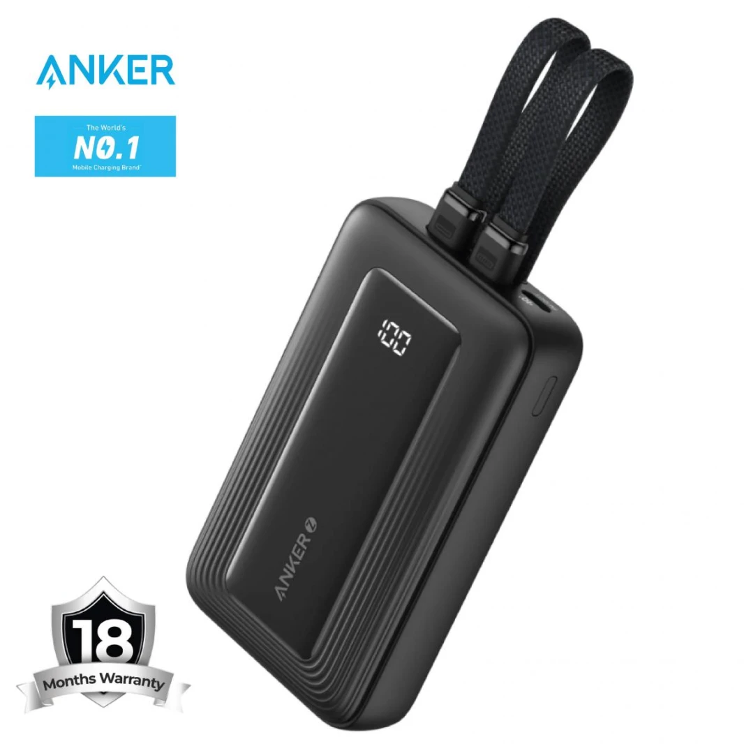 Anker Zolo Power Bank 10000mAh 30W with Built-in USB-C and Lightning Cables A1680 (Black) - 18 Month Warranty