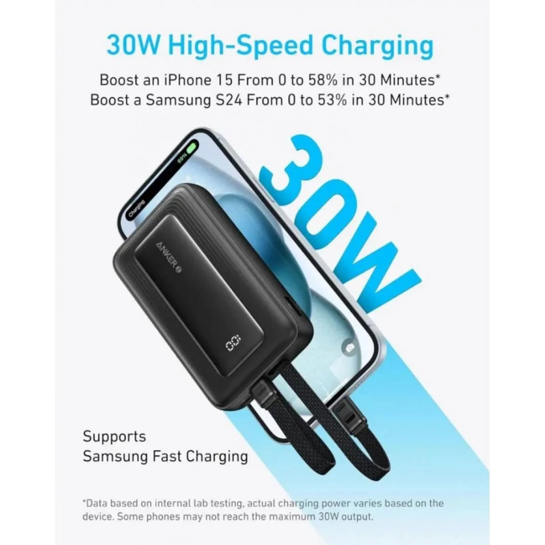 Anker Zolo Power Bank 10000mAh 30W with Built-in USB-C and Lightning Cables A1680 (Black) - 18 Month Warranty