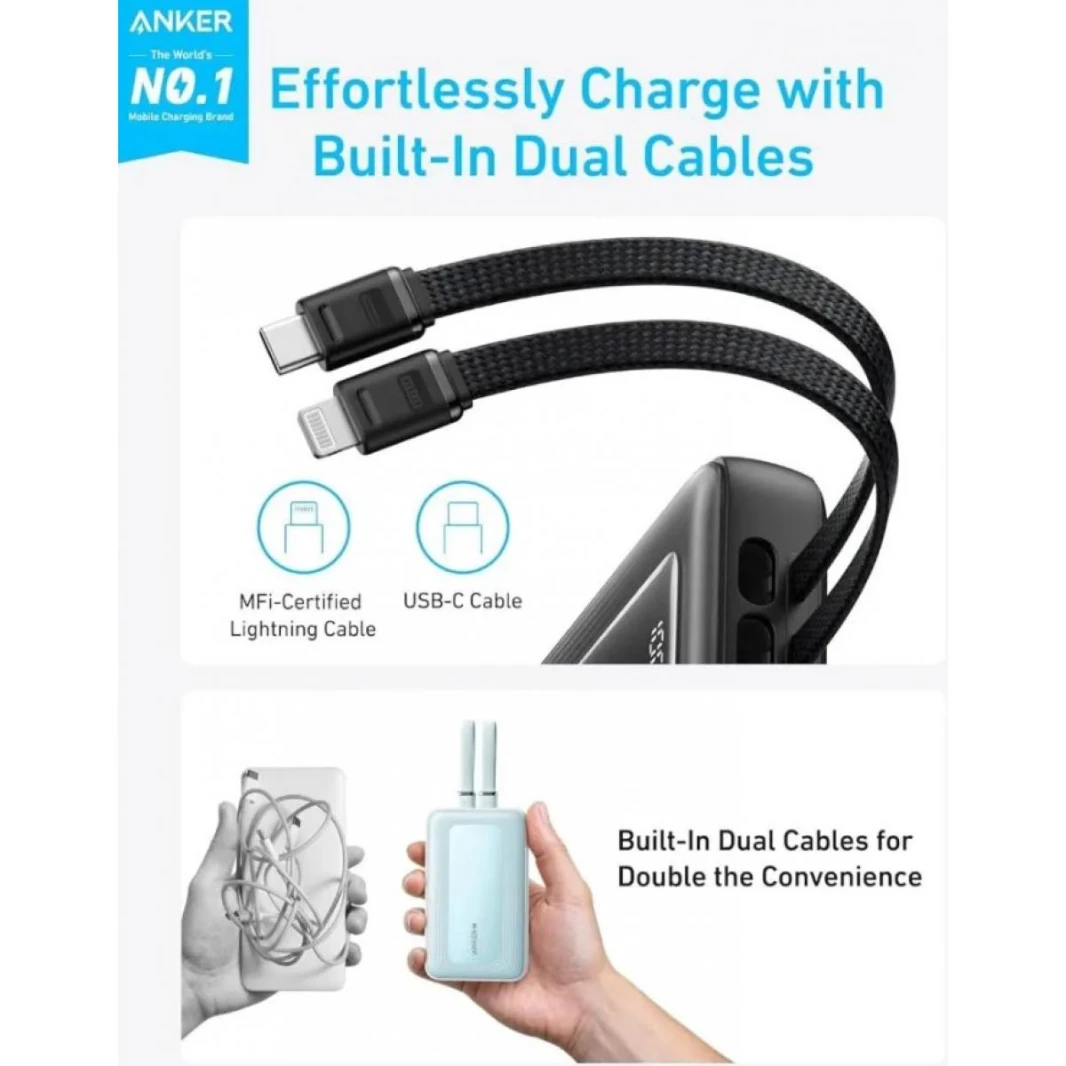 Anker Zolo Power Bank 10000mAh 30W with Built-in USB-C and Lightning Cables A1680 (Black) - 18 Month Warranty
