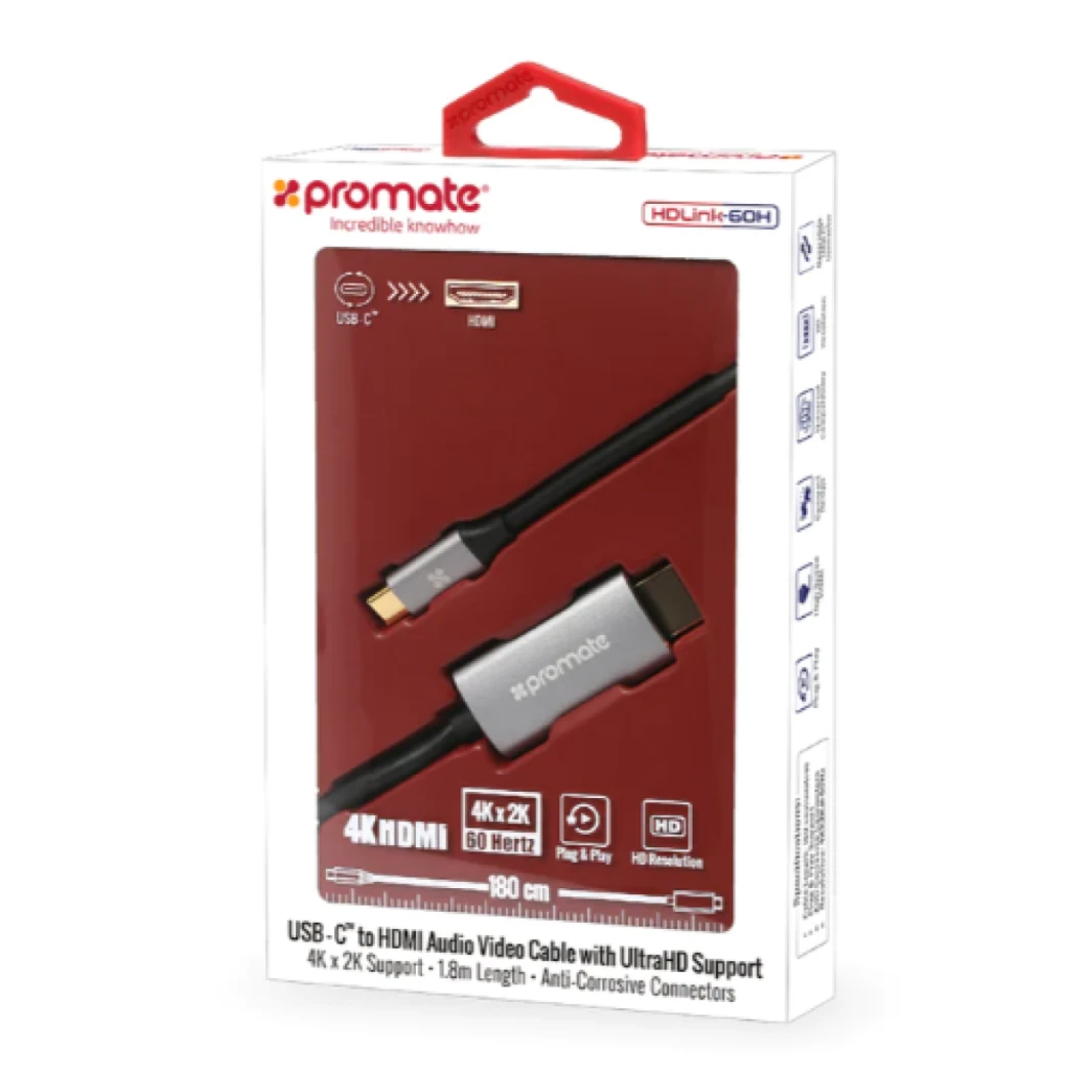 Promate HDLink-60H USB C to HDMI Cable Adapter (Thunderbolt 3 Compatible), High-Speed HDMI 1.8m Cable with 4K 60Hz UHD Support - 2 Year Warranty