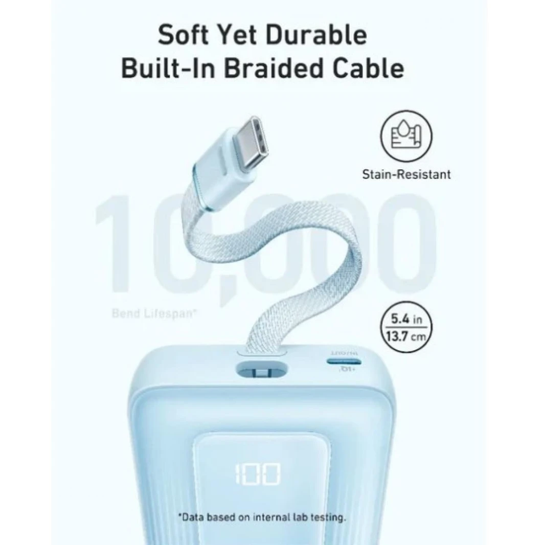 Anker Zolo Powerbank 10000mAh 30W Power Bank Portable Charger with Built-in USB C Cable A1688 (White) - 18 Month Warranty