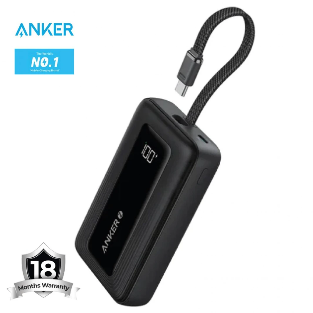 Anker Zolo Powerbank 10000mAh 30W Power Bank Portable Charger with Built-in USB C Cable A1688 (Black) - 18 Month Warranty