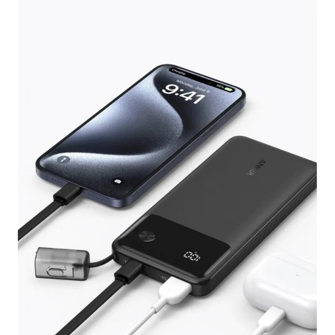 Anker Power Bank Power-core 10000mAh 22.5W Portable Charger with USB C Lanyard Cable A1388  (Black) - 18 Month Warranty