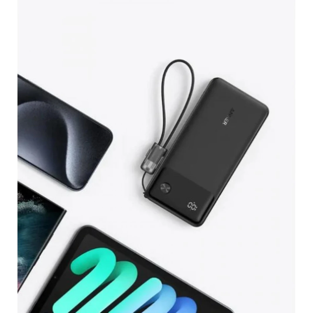 Anker Power Bank Power-core 10000mAh 22.5W Portable Charger with USB C Lanyard Cable A1388  (Black) - 18 Month Warranty