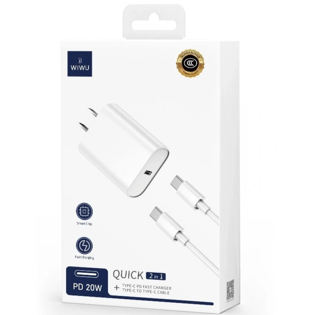 WIWU Wall Charger with 20W PD Single Port USB Wall Plug Black White Charging + USB C to Lightning Cable