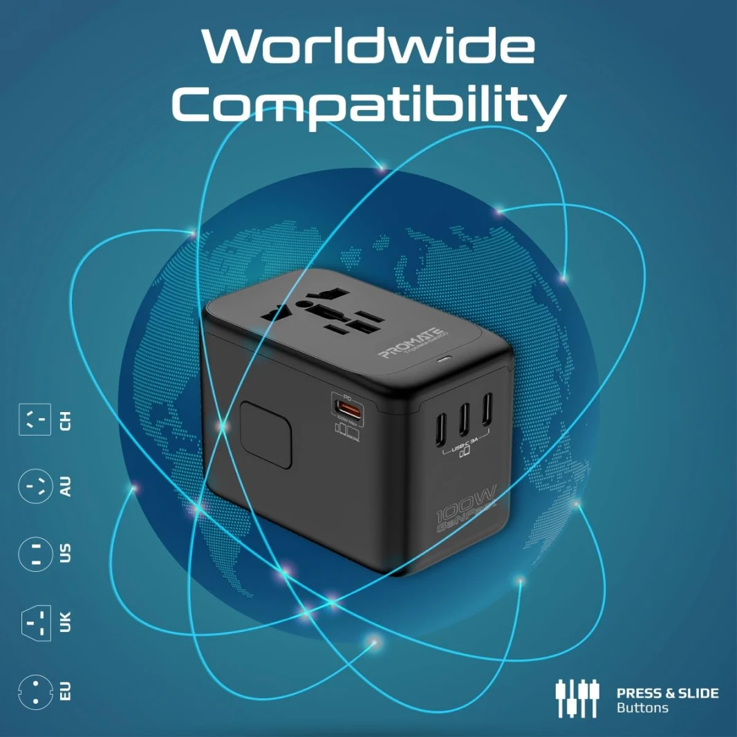 Promate Travel Adapter, Universal GaN Charge Adapter with 2000W AC Socket, 100W Four USB-C Power Delivery Ports, QC 3.0 Port, Auto-Resetting Fuse and Surge Protect for iPhone