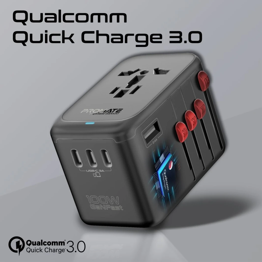 Promate Travel Adapter, Universal GaN Charge Adapter with 2000W AC Socket, 100W Four USB-C Power Delivery Ports, QC 3.0 Port, Auto-Resetting Fuse and Surge Protect for iPhone