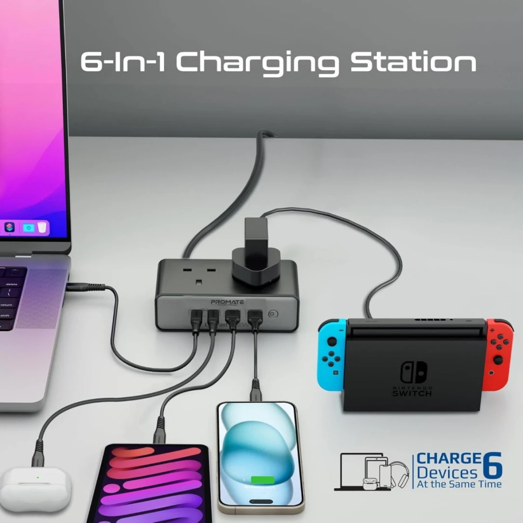 Promate Charging Station, 6-in-1 Multi-Port 65W GaNFast Power Extension with Dual 3250W AC Sockets, Dual 65W USB-C™ Power Delivery Ports, QC 3.0 Port, 2m Cable