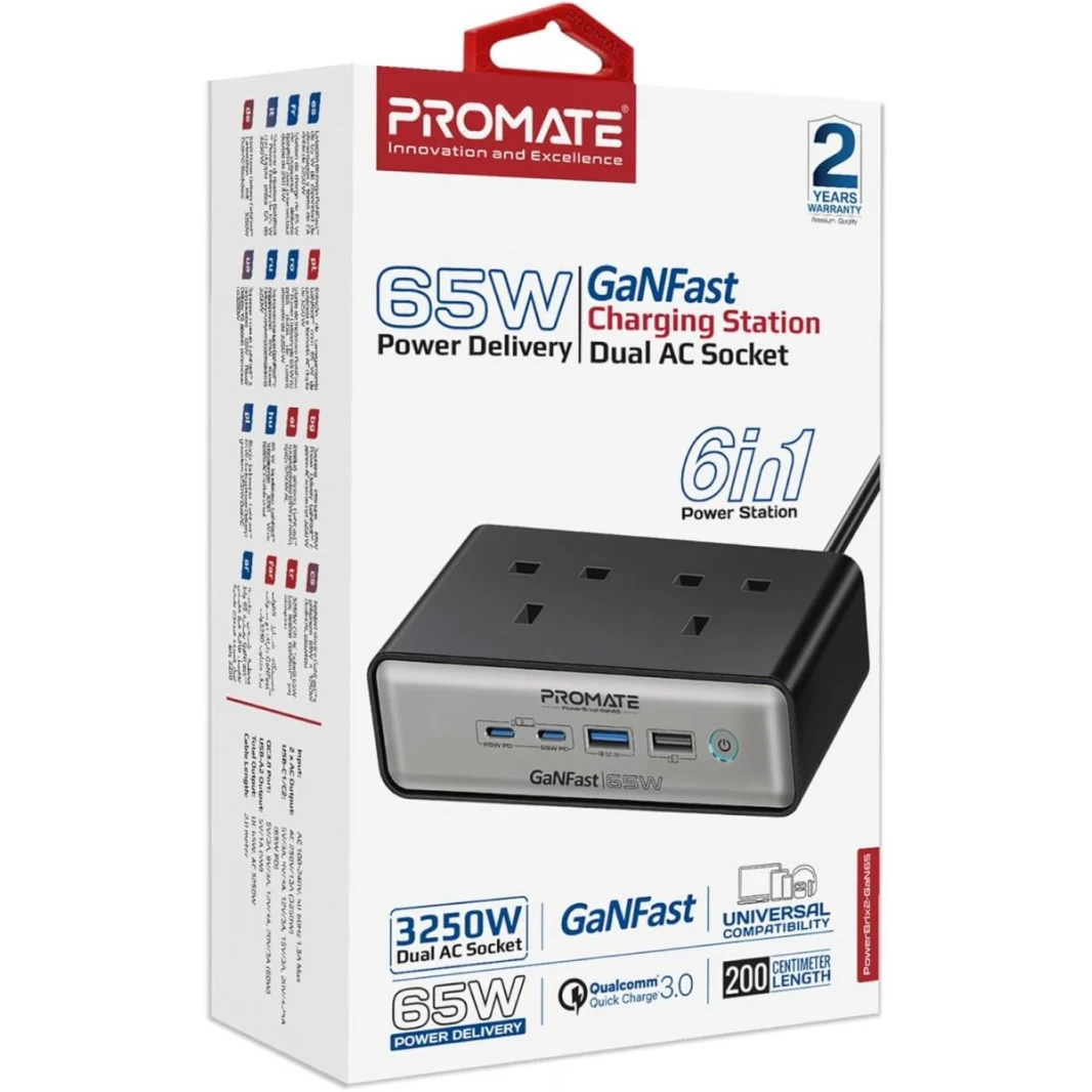 Promate Charging Station, 6-in-1 Multi-Port 65W GaNFast Power Extension with Dual 3250W AC Sockets, Dual 65W USB-C™ Power Delivery Ports, QC 3.0 Port, 2m Cable
