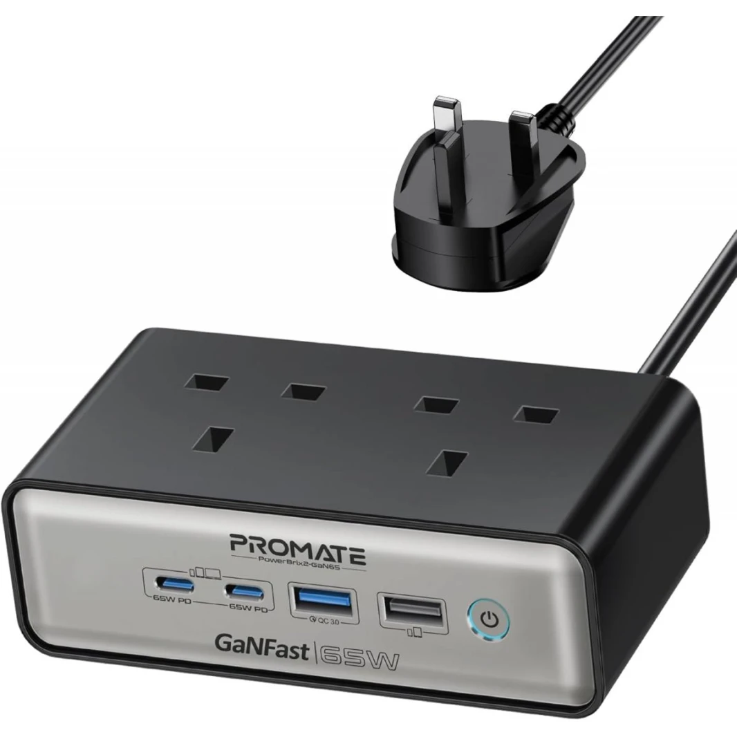 Promate Charging Station, 6-in-1 Multi-Port 65W GaNFast Power Extension with Dual 3250W AC Sockets, Dual 65W USB-C™ Power Delivery Ports, QC 3.0 Port, 2m Cable