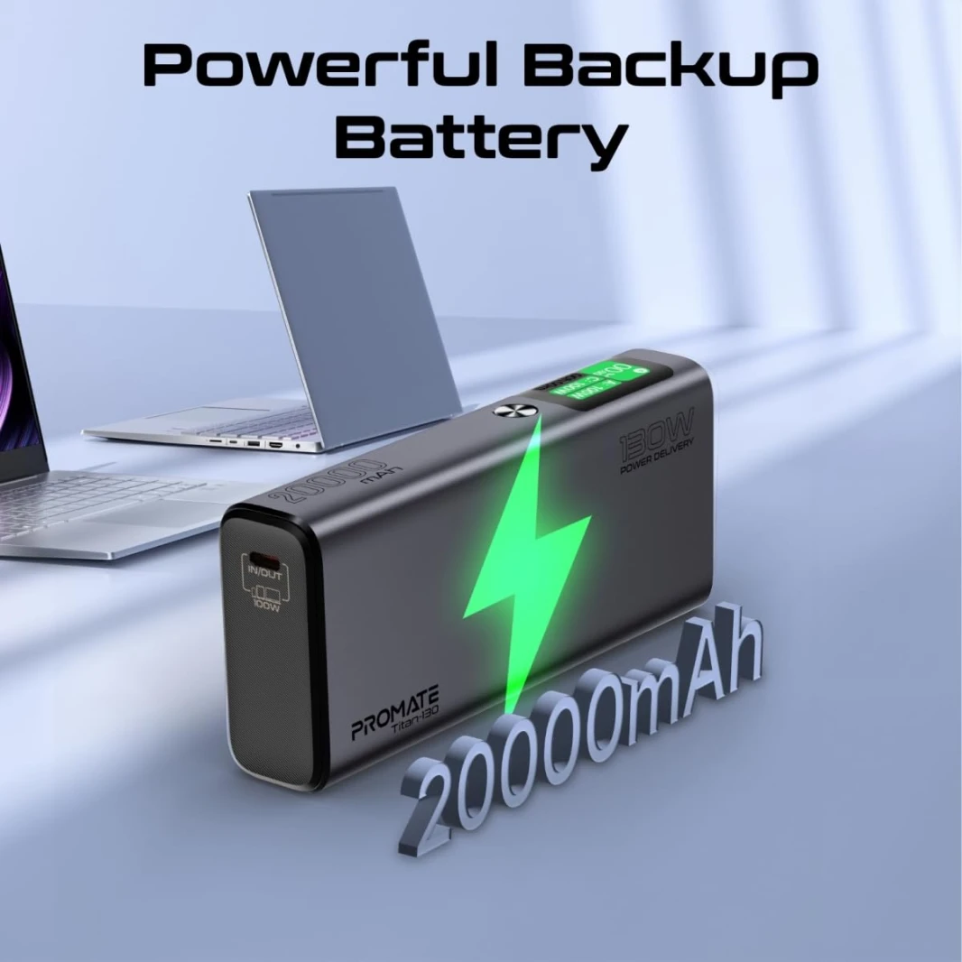 Promate 130W Laptop & Mobile Power Bank 20000mAh Smart TFT LCD Screen, USB-A QC 3.0, Dual Type-C Input/Output Ports Total Output 130W, Over-Heating Protection