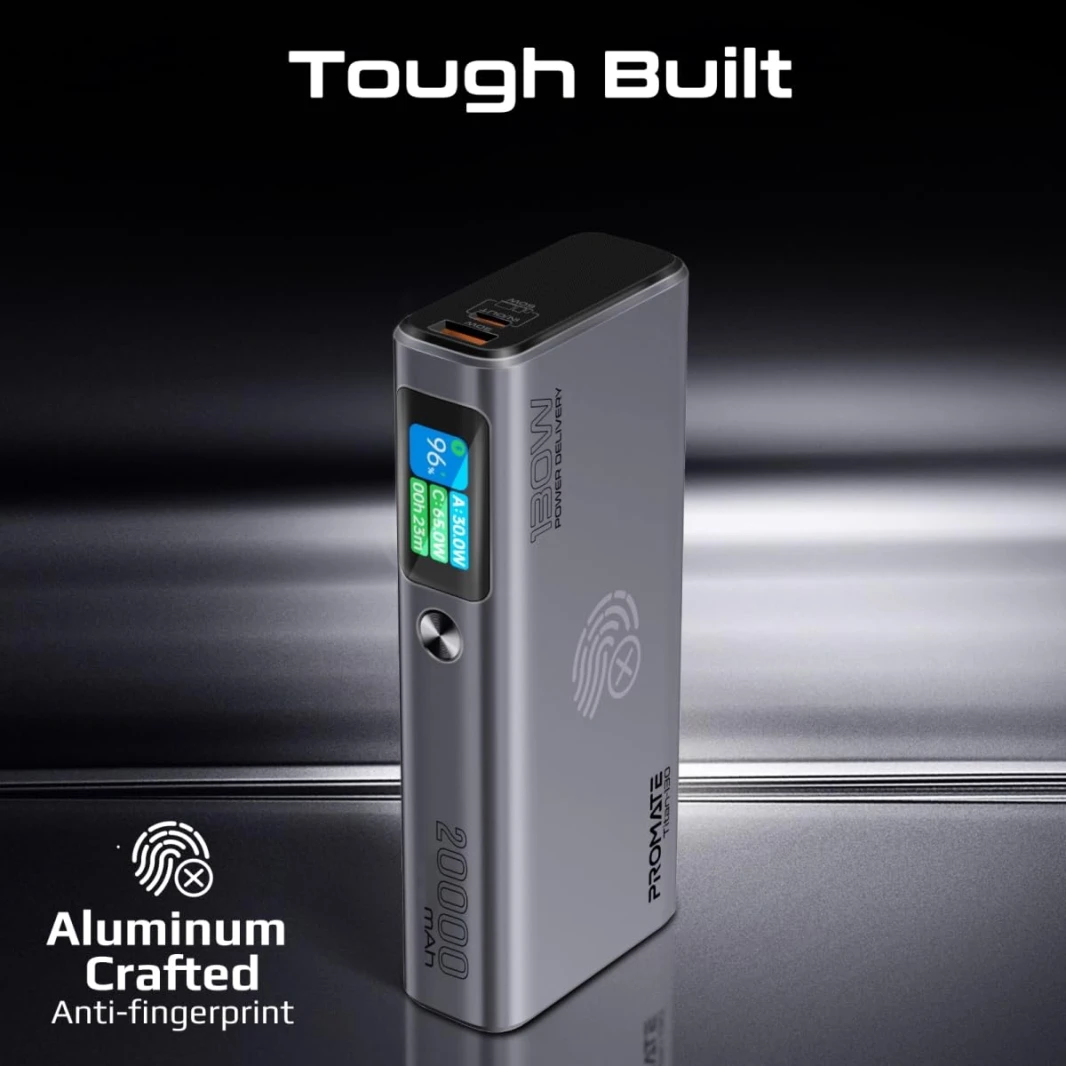 Promate 130W Laptop & Mobile Power Bank 20000mAh Smart TFT LCD Screen, USB-A QC 3.0, Dual Type-C Input/Output Ports Total Output 130W, Over-Heating Protection