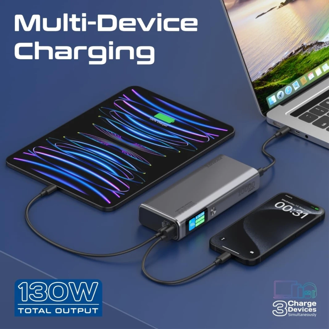 Promate 130W Laptop & Mobile Power Bank 20000mAh Smart TFT LCD Screen, USB-A QC 3.0, Dual Type-C Input/Output Ports Total Output 130W, Over-Heating Protection