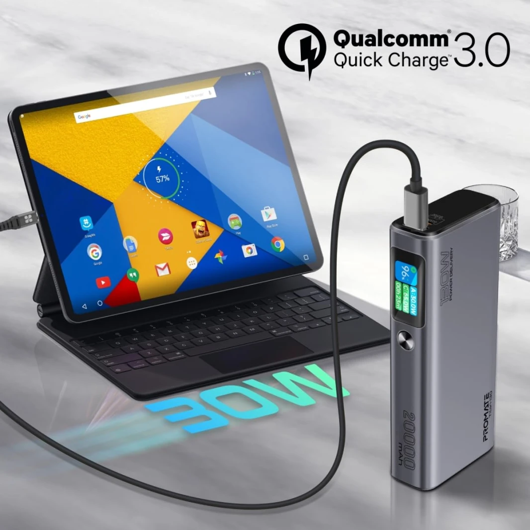Promate 130W Laptop & Mobile Power Bank 20000mAh Smart TFT LCD Screen, USB-A QC 3.0, Dual Type-C Input/Output Ports Total Output 130W, Over-Heating Protection