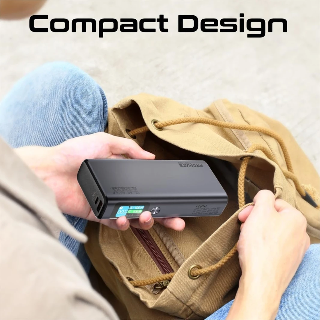 Promate 130W Laptop & Mobile Power Bank 20000mAh Smart TFT LCD Screen, USB-A QC 3.0, Dual Type-C Input/Output Ports Total Output 130W, Over-Heating Protection