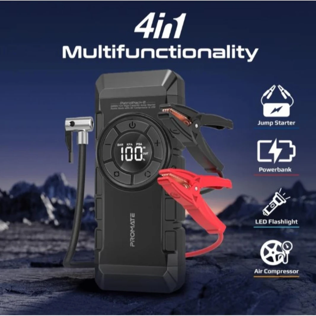 Promate 2000A/12V High-Capacity Jump Starter 12000mAh Power Bank with Air Compressor & LED Flashlight