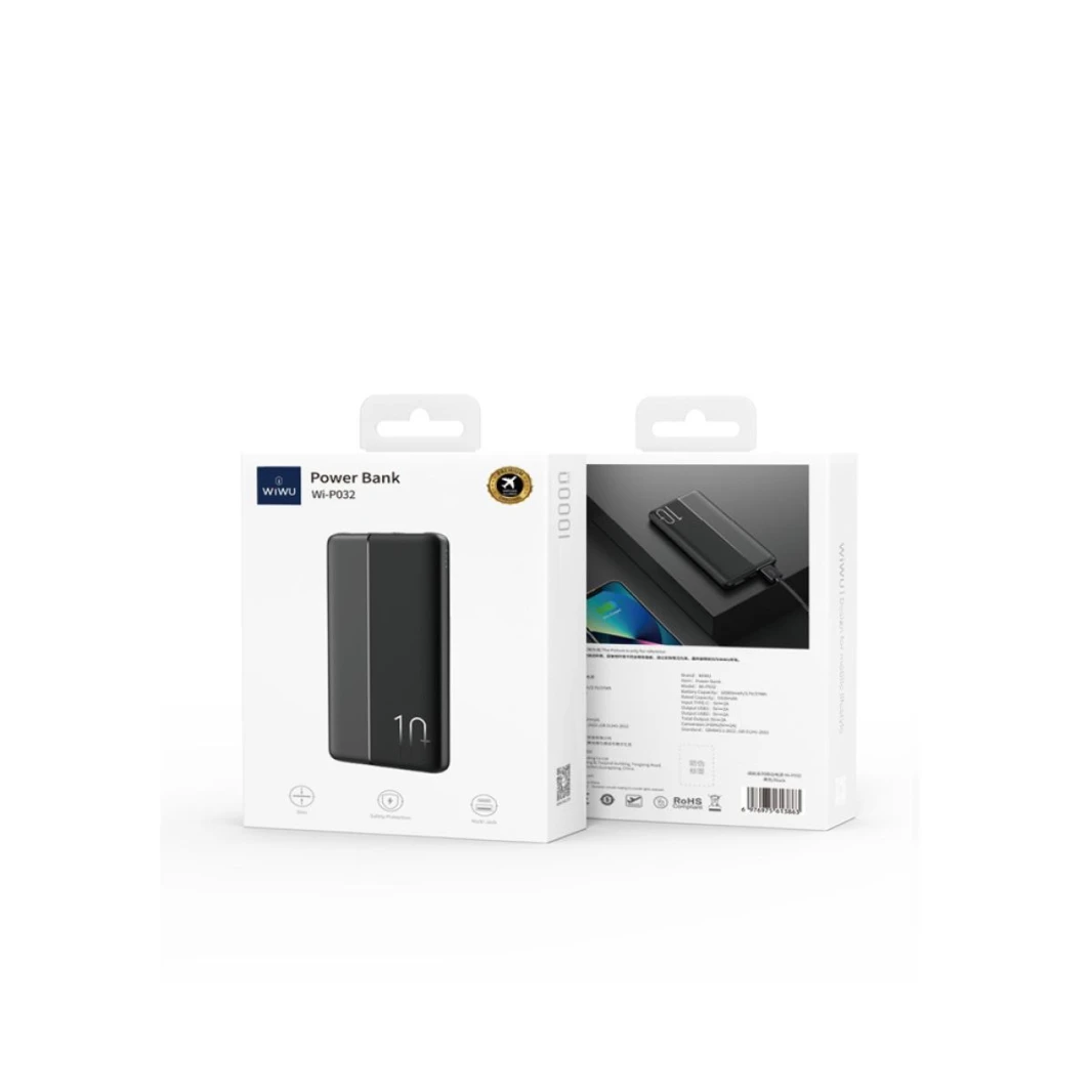WIWU Power Bank Wi-P032 Black 10000 mAh Dual USB Ports and a Type-C Output - 18 Month Warranty