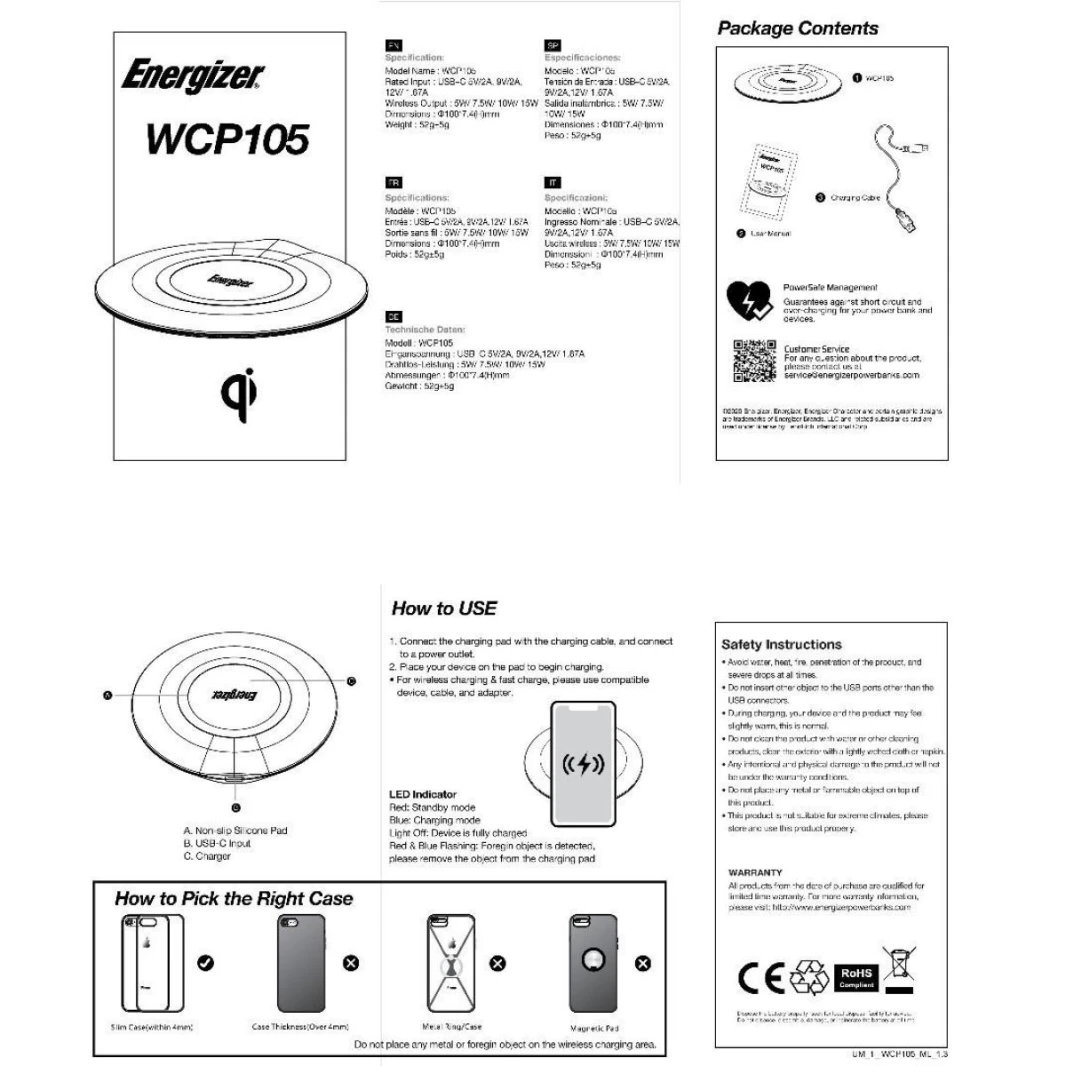 Energizer WCP105 For Smartphone, Tablets & more up to 15W fast charge for any Qi-compatible devices - Black