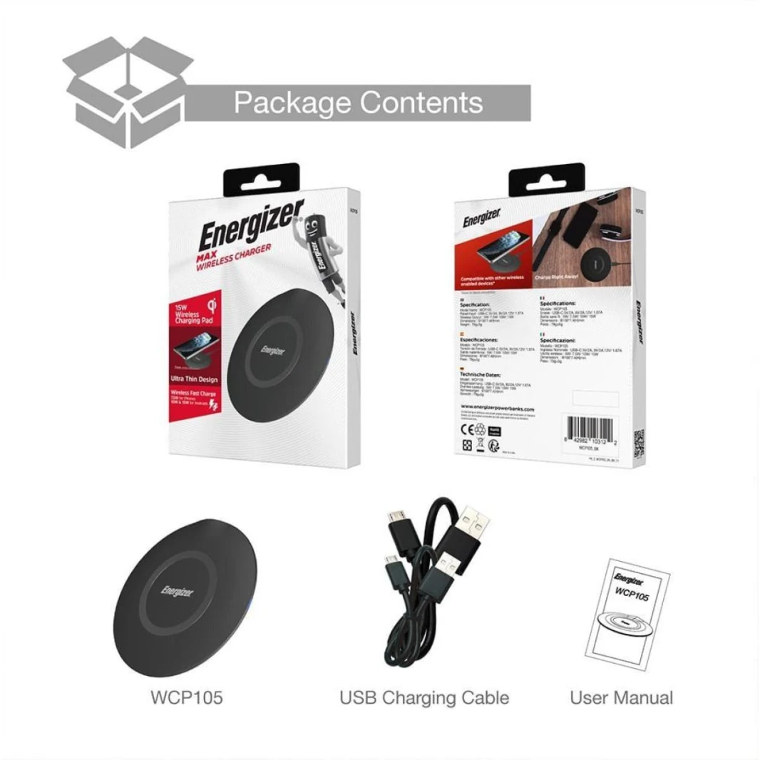 Energizer WCP105 For Smartphone, Tablets & more up to 15W fast charge for any Qi-compatible devices - Black