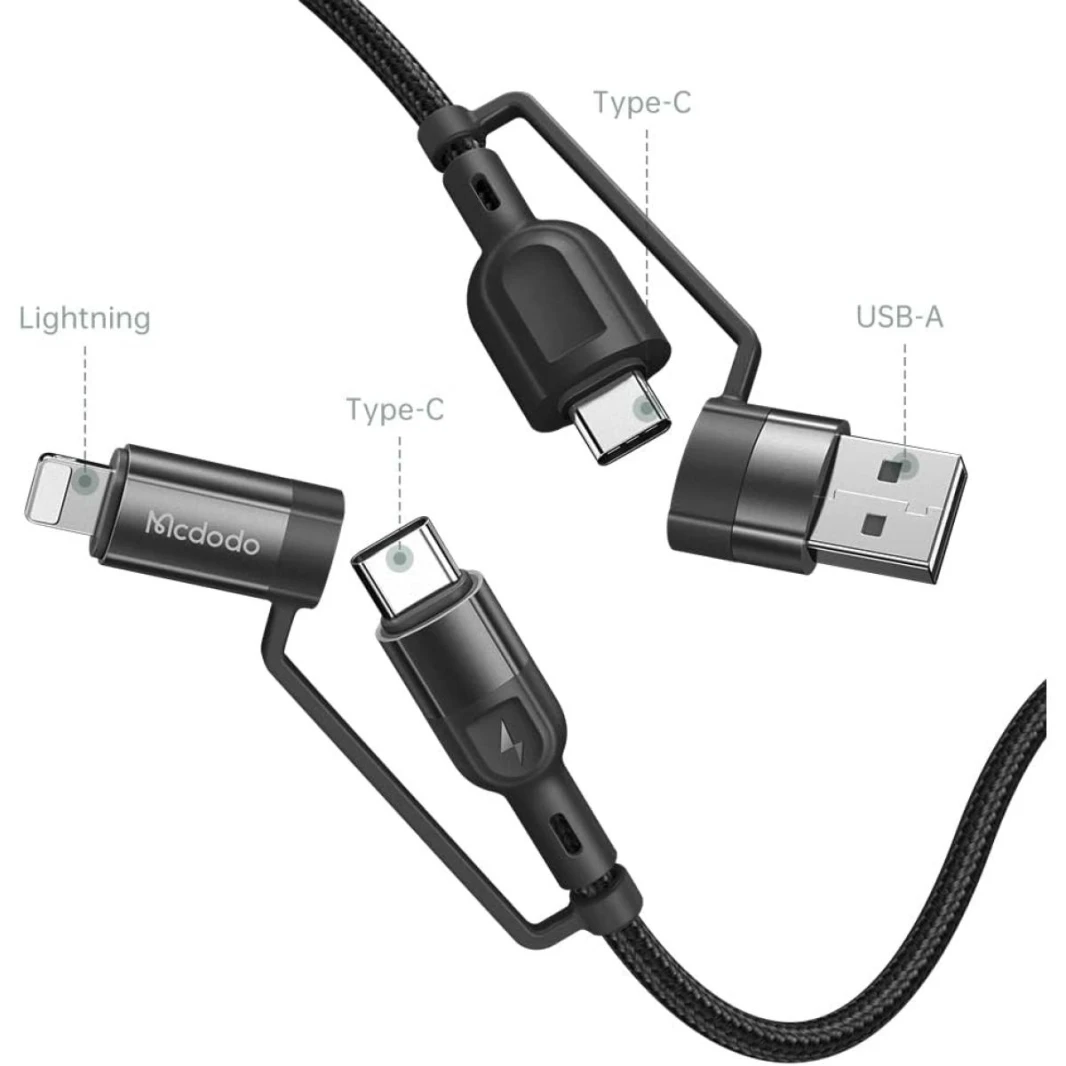 Mcdodo 4 in 1 Charging Cable, USB C, 4.8 ft (1.2 m), 3A, Fast Charging, QC 3.0, PD60W, High Speed Data Transfer, Alloy Connector, Reinforced Nylon Braid, Lightning/Type C, Multi-Function for Type-C
