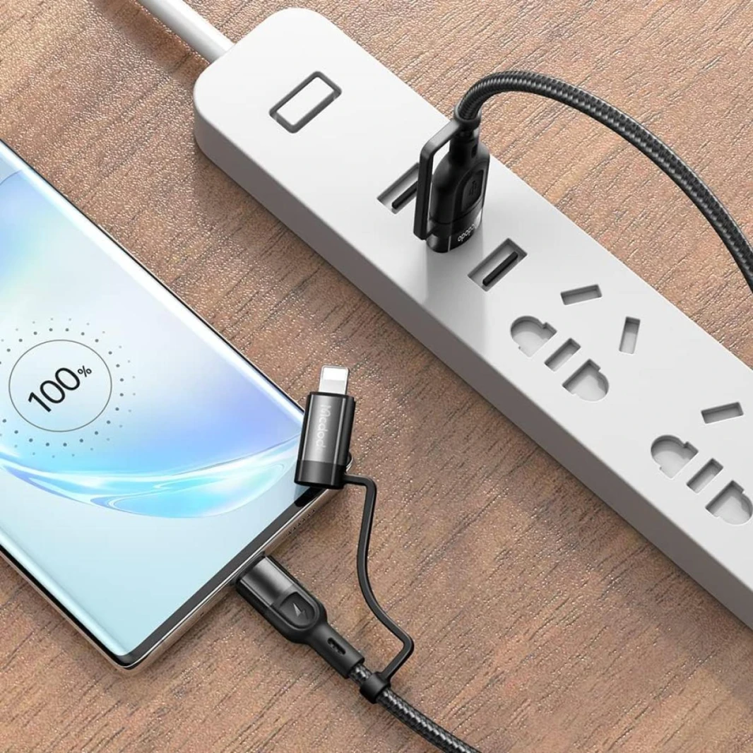Mcdodo 4 in 1 Charging Cable, USB C, 4.8 ft (1.2 m), 3A, Fast Charging, QC 3.0, PD60W, High Speed Data Transfer, Alloy Connector, Reinforced Nylon Braid, Lightning/Type C, Multi-Function for Type-C