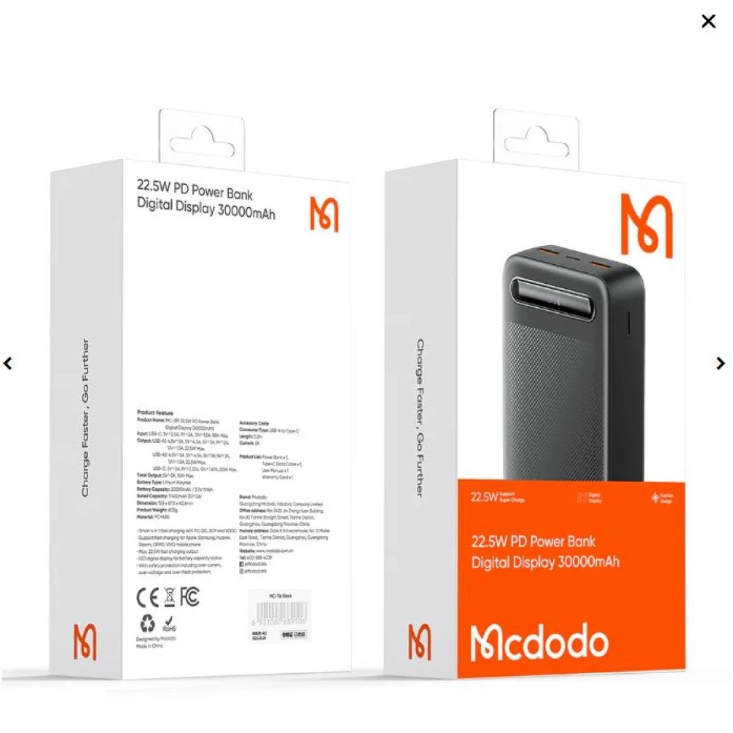 Mcdodo 391 22.5W PD+QC Power Bank 30000mAh with Digital Display