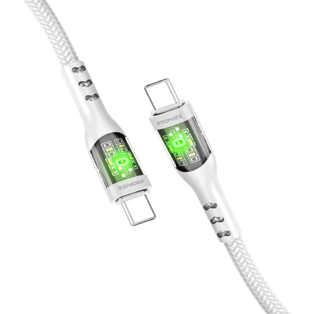 Promate TransLine-CC USB-C to USB-C Cable 60W Power Delivery Transparent Shells 120cm Nylon Braided Cord- White