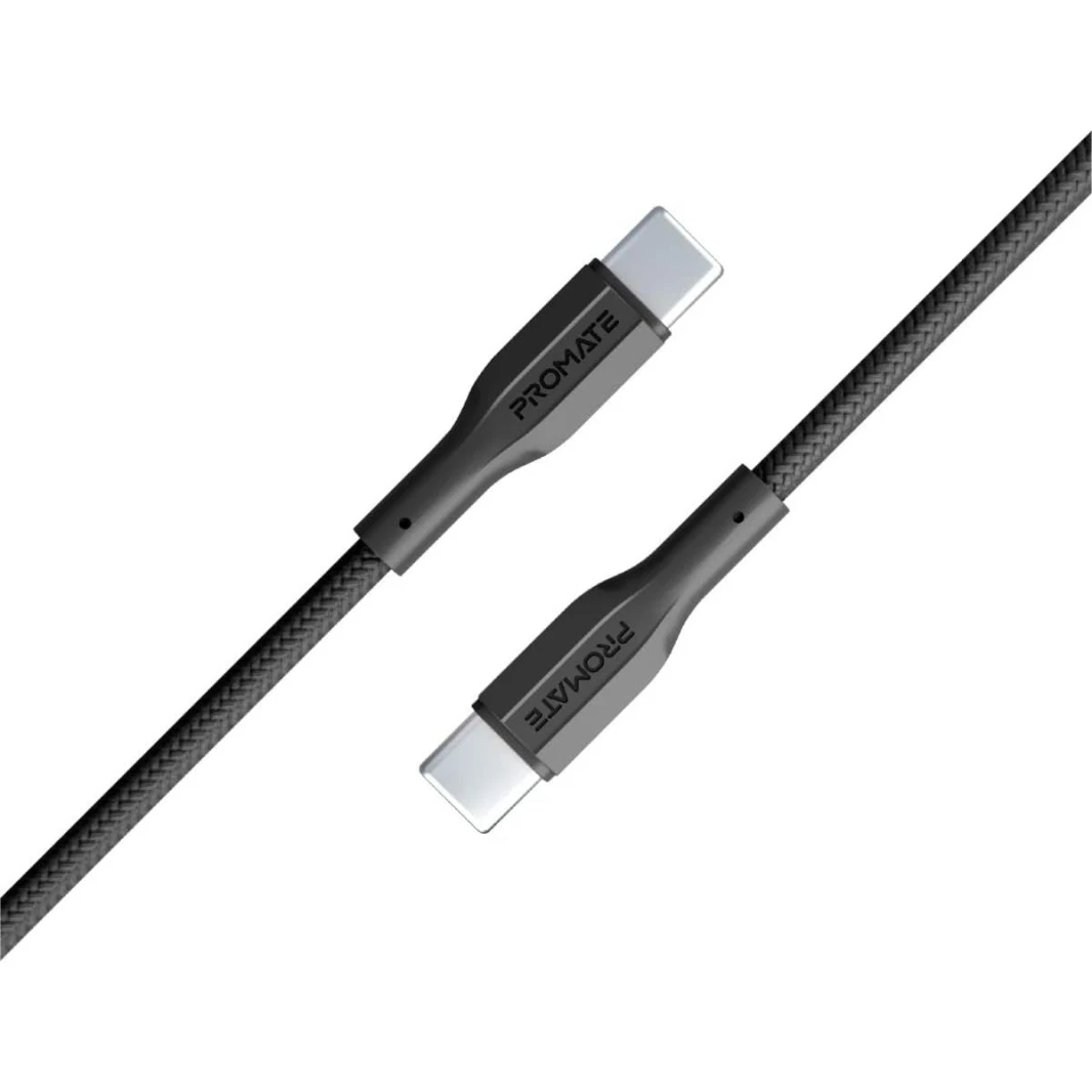Promate XCord-CC USB-C to USB-C Cable 60W Power Delivery Fast Charging Type-C Cable 1m Anti-Tangle Silicone Cord - Black