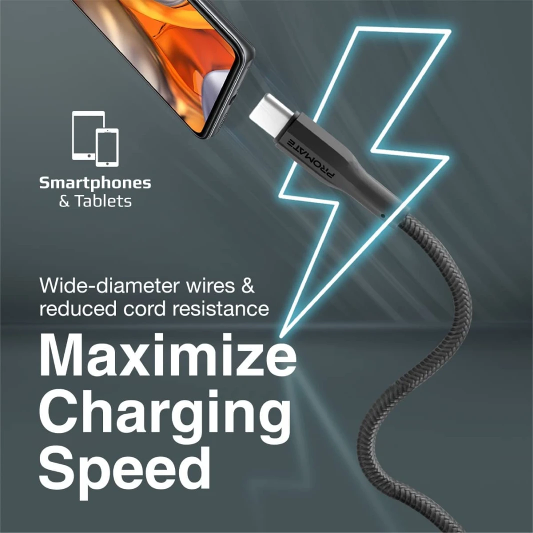 Promate XCord-AC USB to USB-C Charging Cable w/h 2A Fast Charging 1m Anti-Tangle Wire 10000 Long Bend Lifespan