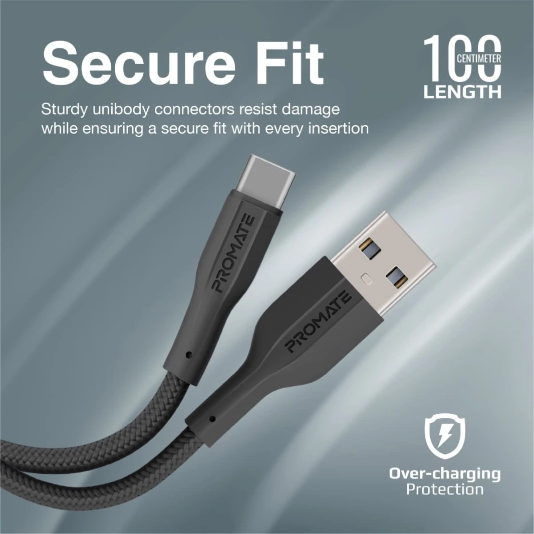 Promate XCord-AC USB to USB-C Charging Cable w/h 2A Fast Charging 1m Anti-Tangle Wire 10000 Long Bend Lifespan