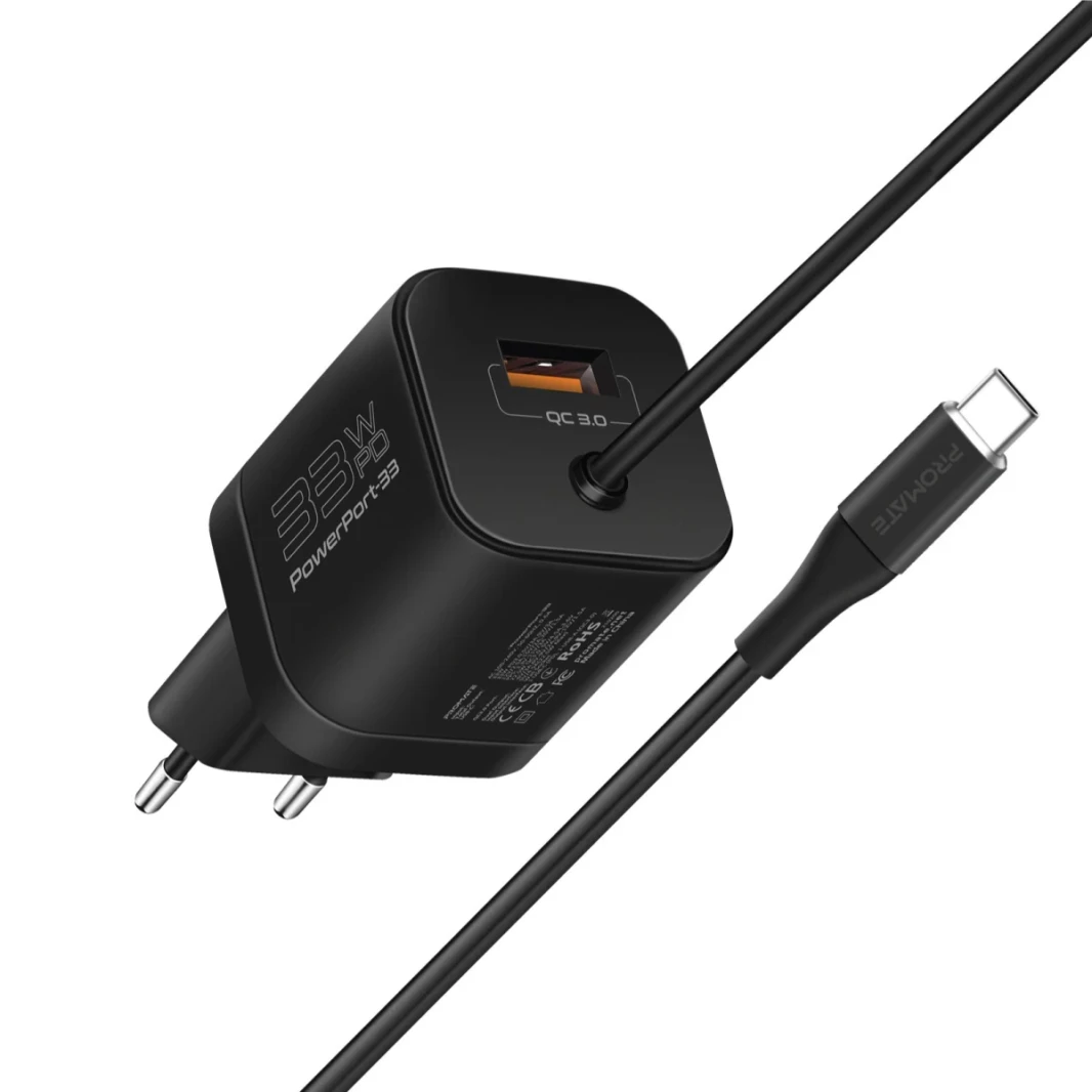 Promate PowerPort-PDQC3 USB-C Charger Premium 33W with 22.5W Quick Charge 3.0 Port & 1.5M Type-C Cable EU Interface - Black