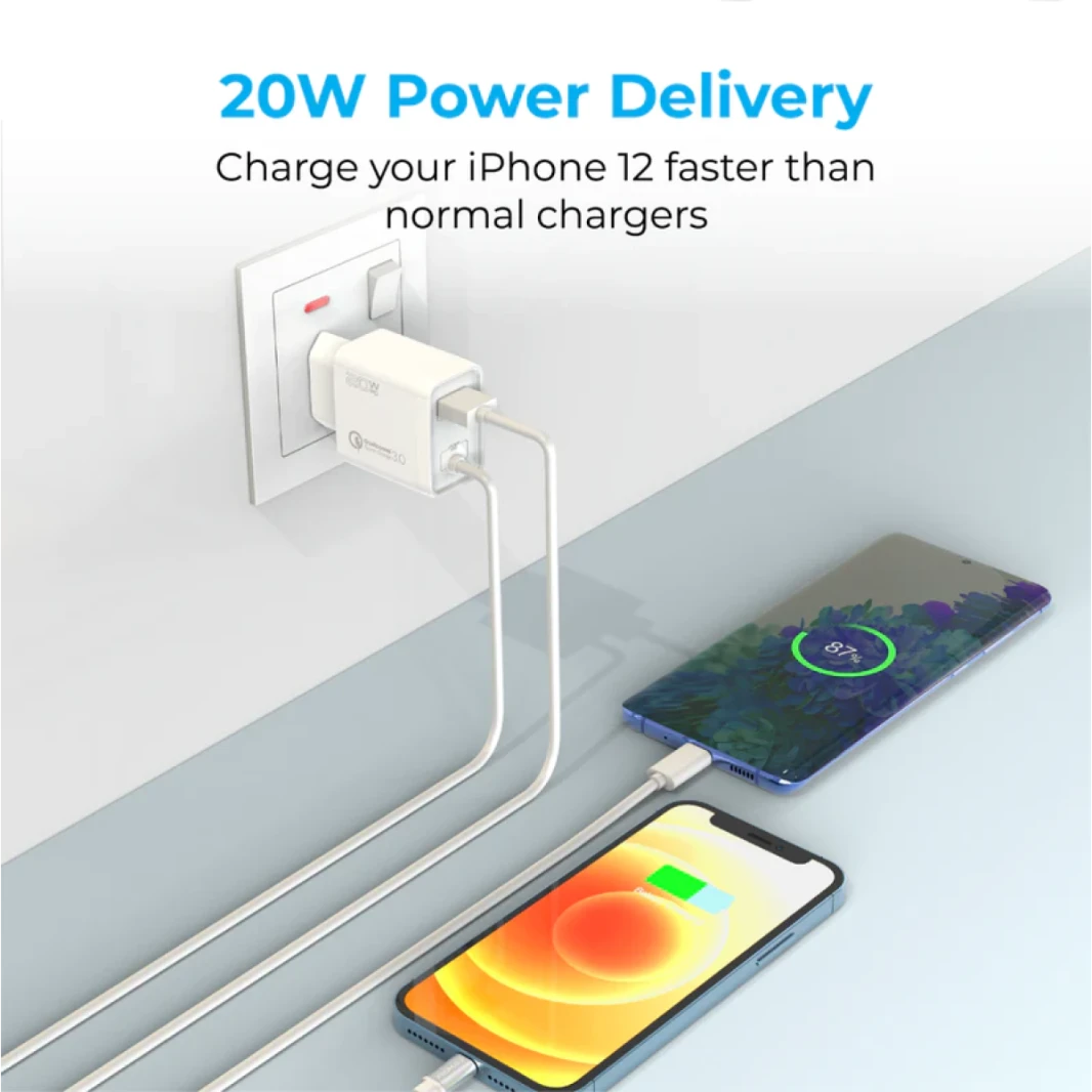 Promate iCharge-PDQC3 Fast Charging 20W Power Delivery Wall Charger with 1.5m Lightning Cable, Quick Charge 3.0 Port EU Outlet, White