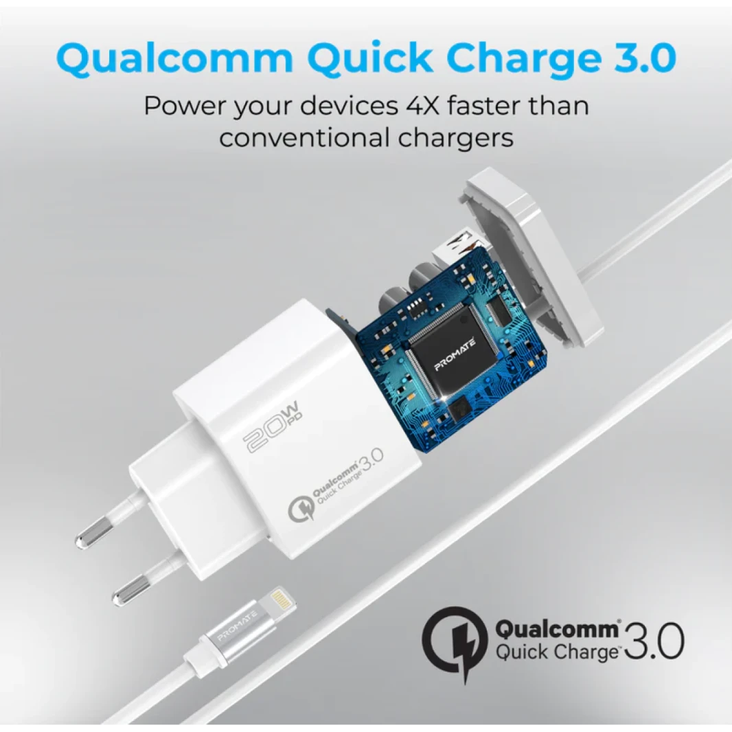 Promate iCharge-PDQC3 Fast Charging 20W Power Delivery Wall Charger with 1.5m Lightning Cable, Quick Charge 3.0 Port EU Outlet, White