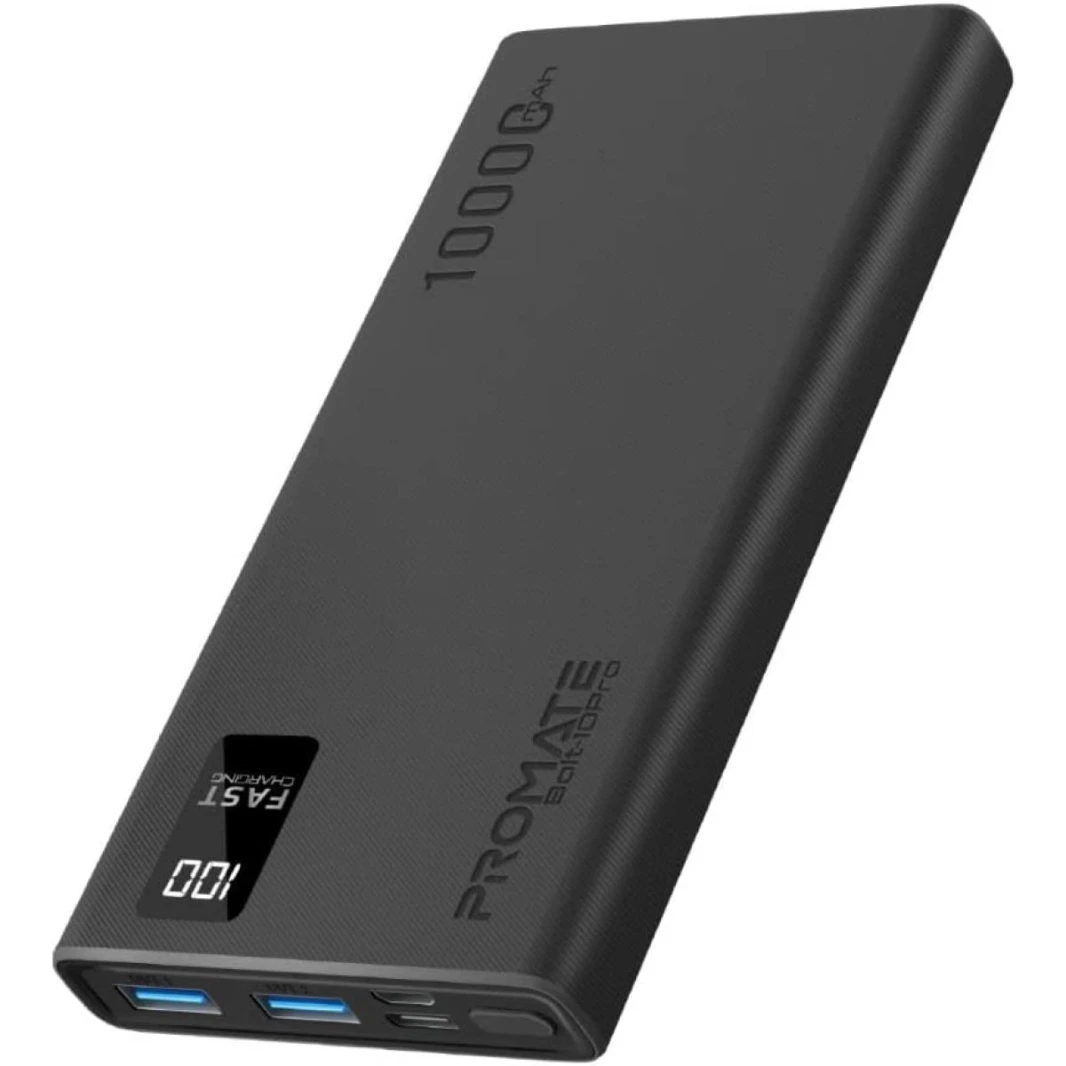 Promate Bolt-10Pro Super-Slim 10000mAh Power Bank 10W USB-C, LED Battery Display and Over Charge Protection -Black