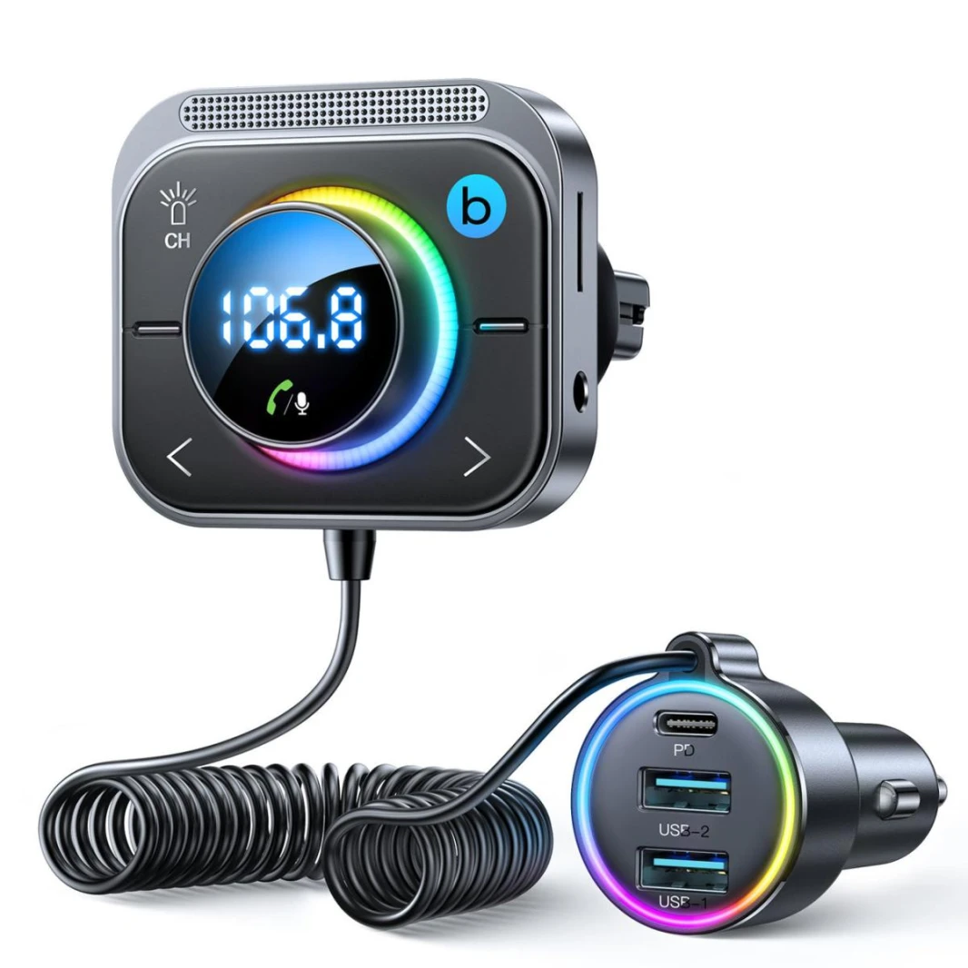 JOYROOM JR-CL18 30W PD Type-C + USB Car Charger LED Display Bluetooth Adapter FM Transmitter with Coiled Cable