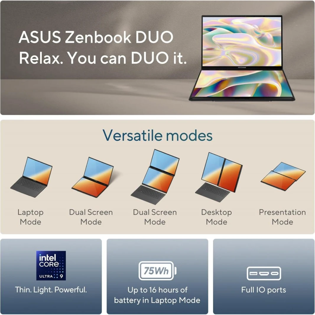 New Laptop ASUS Zenbook Duo OLED |Intel® Core™ Ultra 9 Processor 285H , 32GB DDR5X  ,2TB SSD, 14.0-inch Double Screen 3K OLED Backpack, Sleeve & ASUS Pen 4 MODE STYLE | Win 11 Home