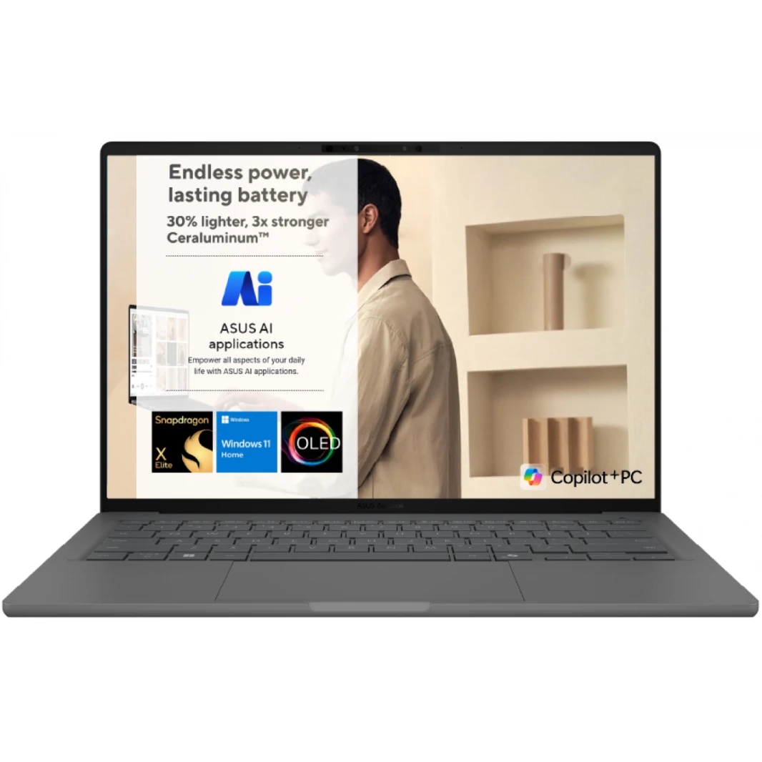 ASUS Zenbook 14 OLED NEW Snapdragon® X Elite X1E 78 100 Processor Qualcomm Adreno GPU 16GB LPDDR5X  Huge-Battery 14" FHD+ OLED  Windows 11 Home - Iceland Gray
