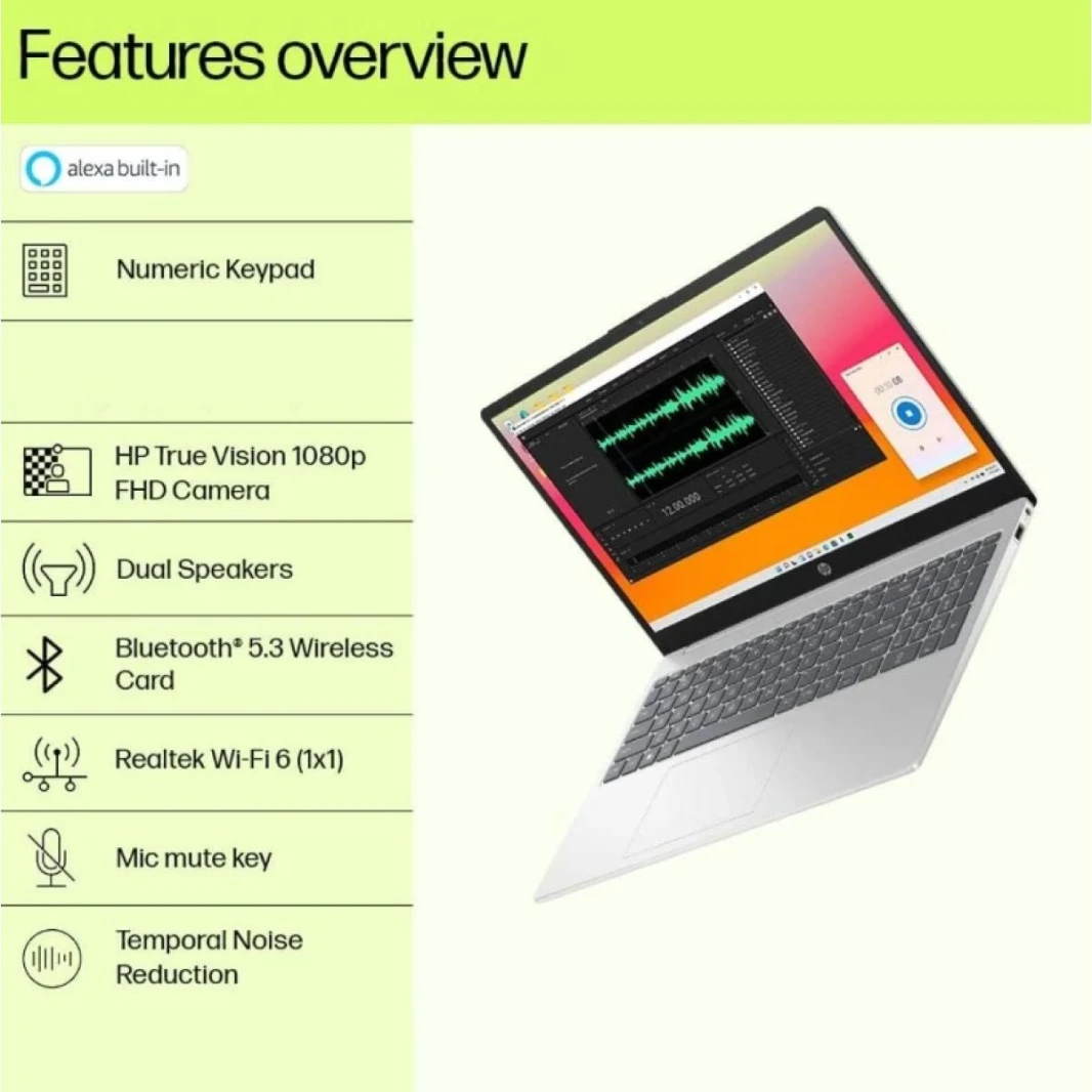 HP Laptop 15-fd1017ne Intel® Core™ Ultra 5 125H High-Preform. Processor Up to 4.5 GHz,16 GB DDR5, 15.6" FHD IPS Micro Edge - Natural Silver