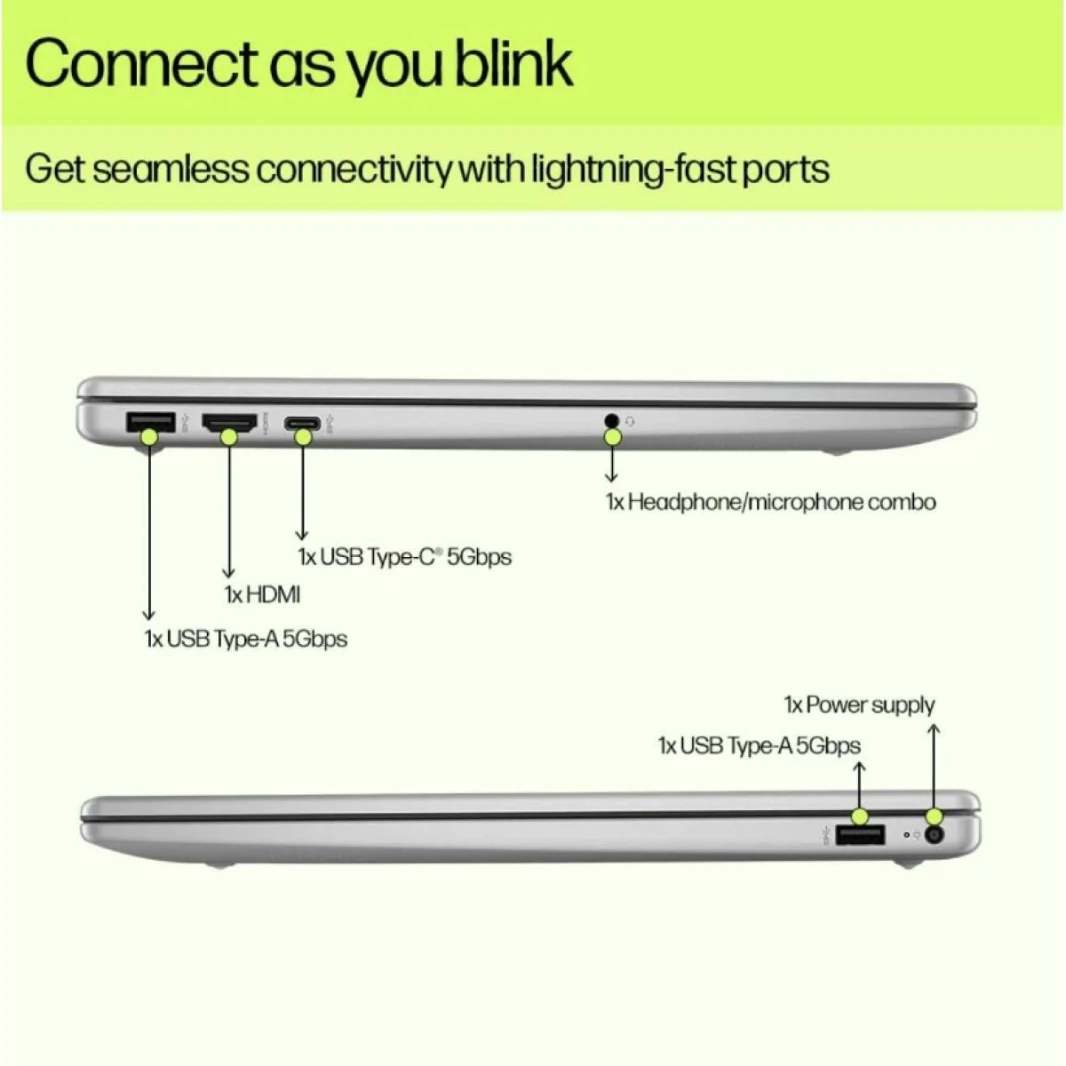 HP Laptop 15-fd1016ne Intel® Core™ Ultra 7 155H High-Preform. Processor Up to 4.8 GHz,16 GB DDR5, 15.6" FHD IPS Micro Edge - Natural Silver