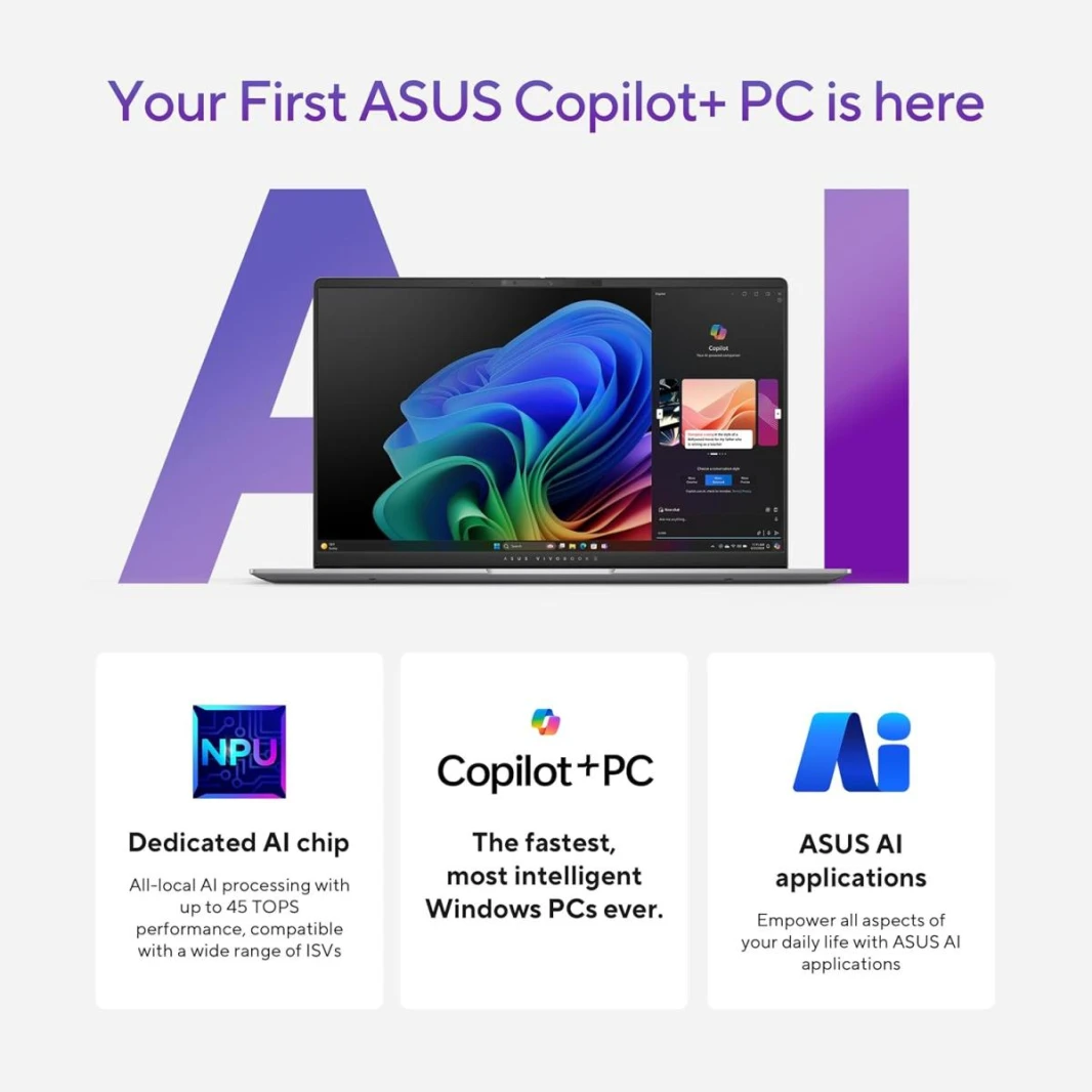 New Laptop ASUS Vivobook S 15 OLED | Snapdragon® X Elite X1E 78 100 Processor, Qualcomm® AI Engine 32GB DDR5X , 15.6 inch 3K OLED 120Hz Very Long Rang Battery