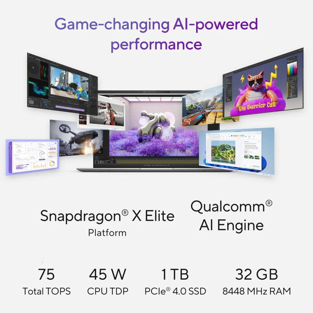 New Laptop ASUS Vivobook S 15 OLED | Snapdragon® X Elite X1E 78 100 Processor, Qualcomm® AI Engine 32GB DDR5X , 15.6 inch 3K OLED 120Hz Very Long Rang Battery