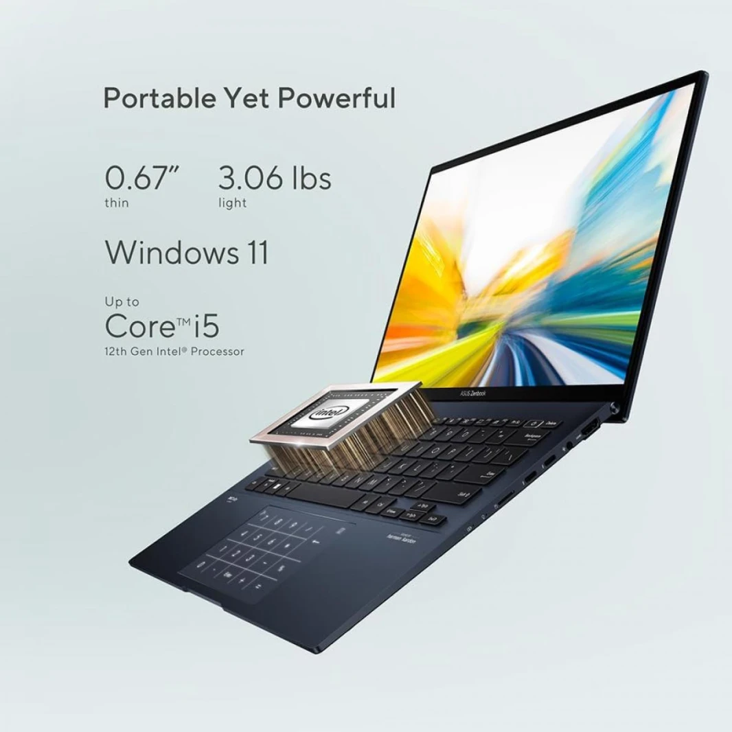 Laptop ASUS Zenbook 14 OLED, Intel® Core™ i5-1240P 12Gen, 8GB DDR4, 512GB SSD, Iris Xe, 14" OLED (WQXGA+), Windows 11 home, Ponder Blue