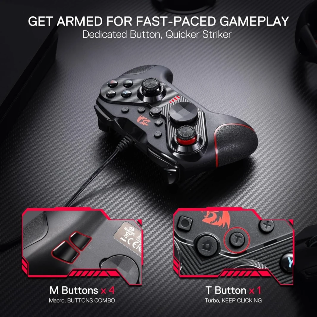 Redragon G710 Wired Gaming Controller - محركات الاهتزاز المزدوجة ، الزناد السريع ، التصميم المريح ، 4 مفاتيح قابلة للبرمجة ، وحدات الماكرو القابلة للتخصيص ، مرتفعات عصا التحكم القابلة للتعديل - العمل لجهاز الكمبيوتر & Android & NS - الأسود