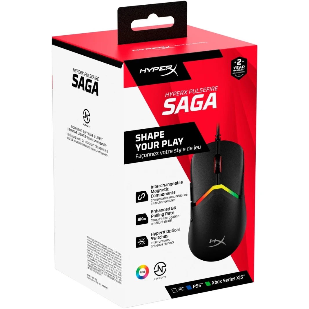 Hyperx Pulsefire Saga RGB Acmentable Gaming Mouse Mouse Precision تتبع ما يصل إلى 8 كيلو هرتز خفيفة الوزن 69 غرام النقرات النقرات Hyperx 26K مستشعر Hyperflex 2 USB PC PC ، PS5 ™ ، Xbox Series X | S ، Black