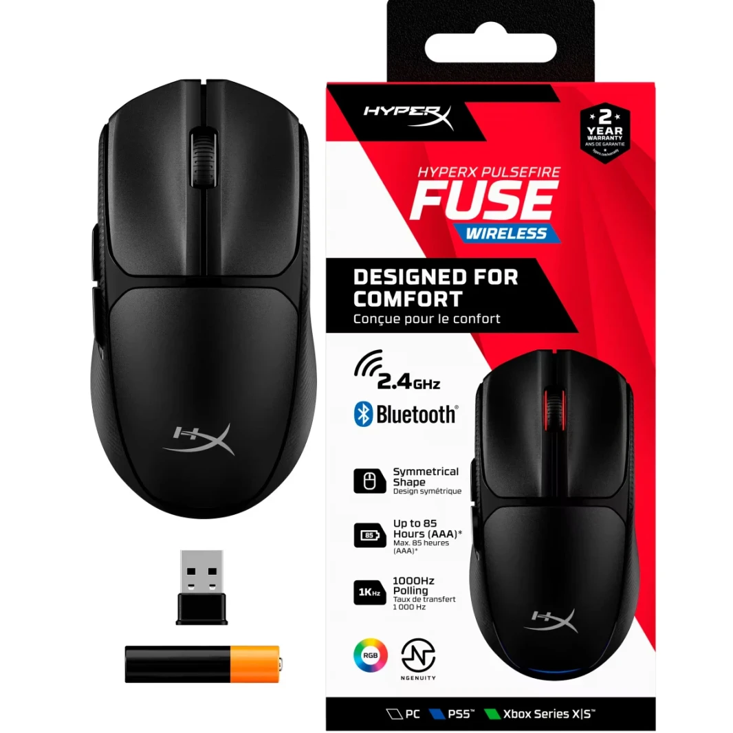 Hyperx Pulsefire Fuse Wireless & Bluetooth Lightweight 75G Long Battery Life Up to 850 hours up to 12k Dpi LED RGB Lighting 2 Support PC, PS5™, Xbox Series X|S , Black