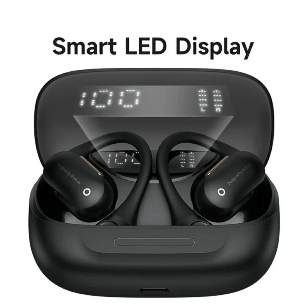 McDodo HP-007 Open-Ear Open True Wireless Earbuds مع عرض LED BT Headphones IPX4 مقاومة للماء ، حتى 24 ساعة وقت اللعب-أسود