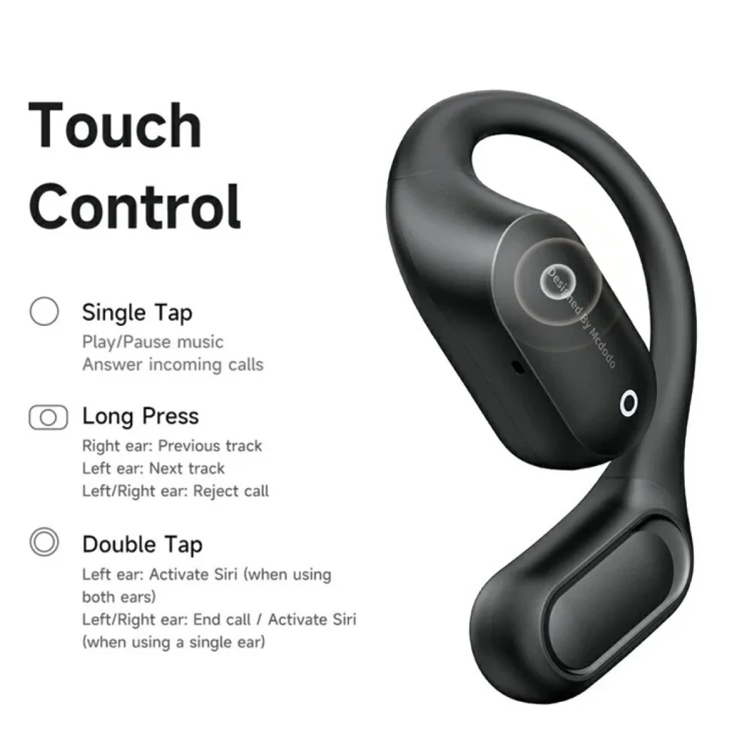 McDodo HP-007 Open-Ear Open True Wireless Earbuds مع عرض LED BT Headphones IPX4 مقاومة للماء ، حتى 24 ساعة وقت اللعب-أسود