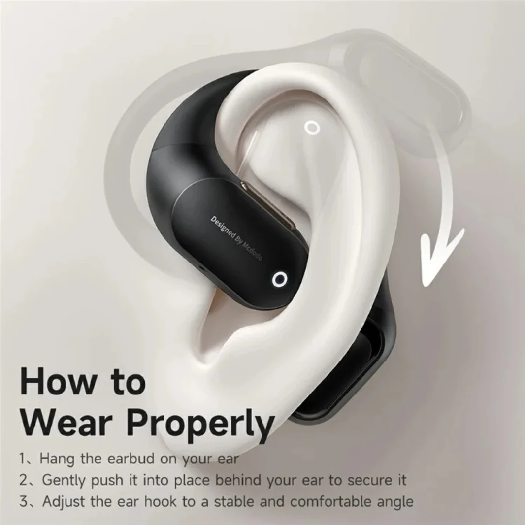 McDodo HP-007 Open-Ear Open True Wireless Earbuds مع عرض LED BT Headphones IPX4 مقاومة للماء ، حتى 24 ساعة وقت اللعب-أسود